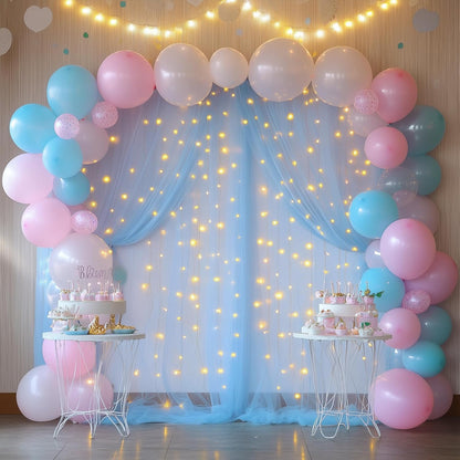 Fomcet Tulle Backdrop Curtains with Lights String White 10FT X 8FT Sheer Curtain with Lights Tulle Curtains Backdrop for Wedding Birthday Party Baby Shower Photo Shoot (2 Panels 5x8FT)