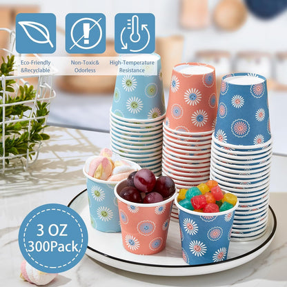 SIUQ 300 Pack Paper Cups 8 oz, Disposable Coffee Cups, Paper Coffee Cups 8 oz, Colourful Hot/Cold Beverage Drinking Cup for Water Juice or Tea, Office Party Home Travel - Daisy