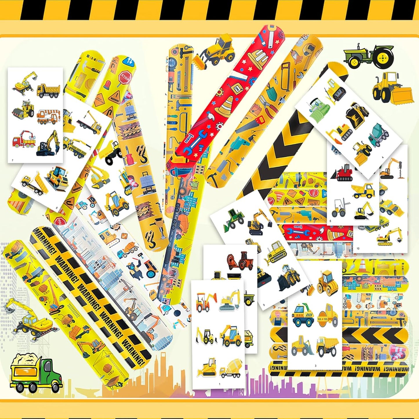 84PCS Engeering Vehicle Party Favors Set – 24pcs Slap Bracelets & 60pcs Temporary Tattoos with Construction Vehicle Designs, Engeering Theme Party Supplies for, Truck Decorations