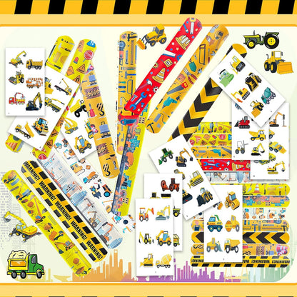 84PCS Engeering Vehicle Party Favors Set – 24pcs Slap Bracelets & 60pcs Temporary Tattoos with Construction Vehicle Designs, Engeering Theme Party Supplies for, Truck Decorations