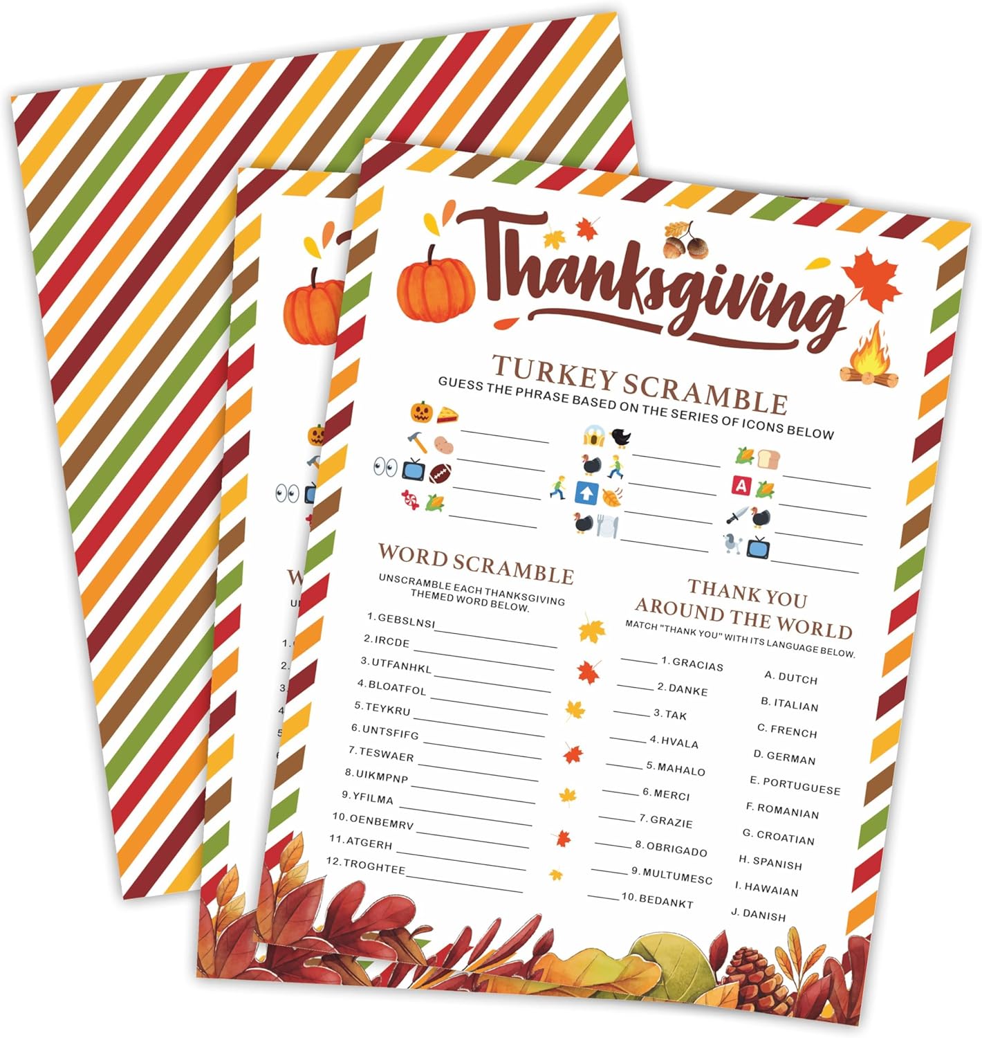 Thanksgiving Scavenger Hunt Game Set, 30 Harvest Stripes Theme Double-Sided Game Cards for Thanksgiving Parties, Family, Friends & Classroom Activities -B04