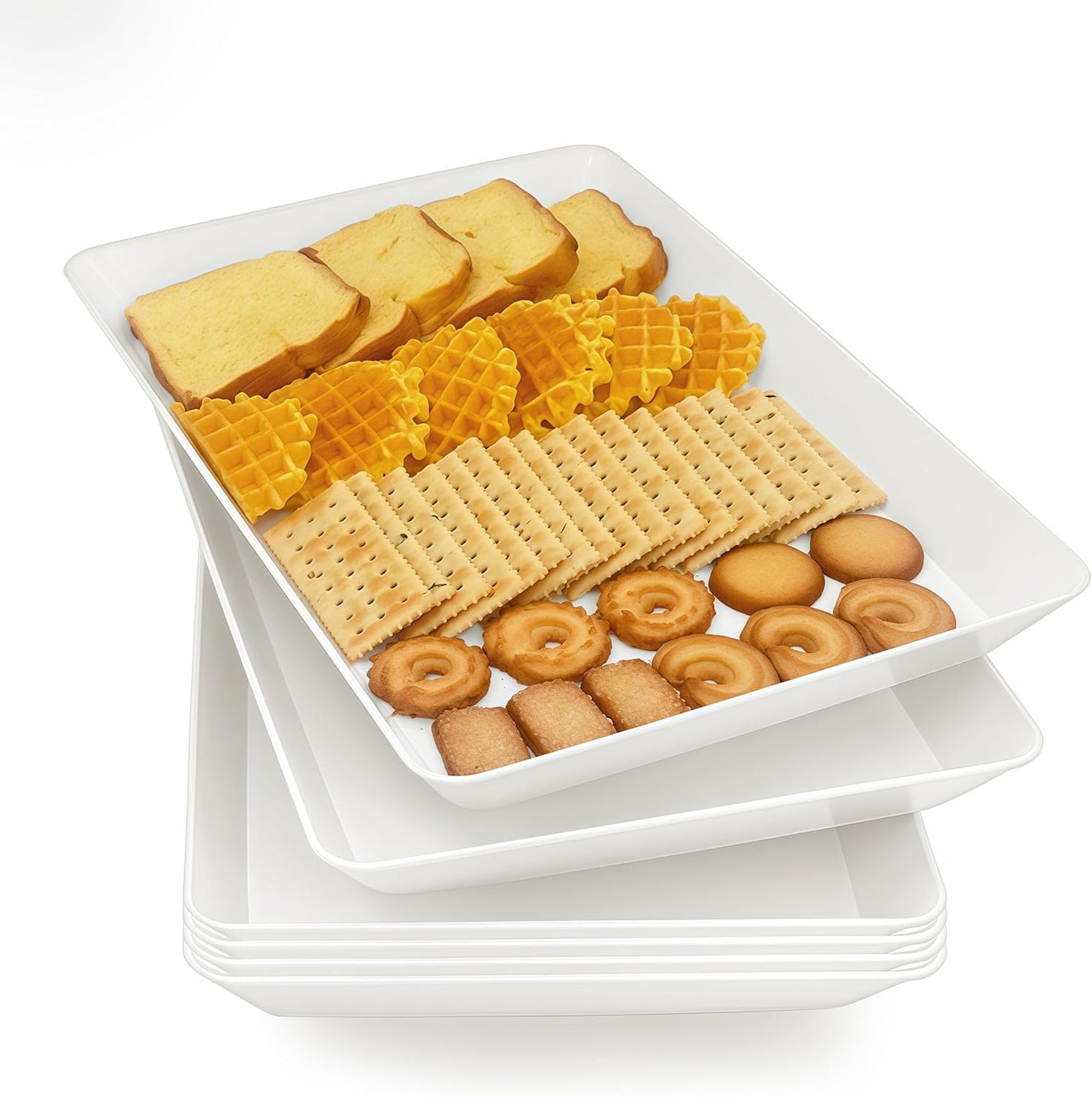 Serving Tray Platter, 4 Pack Food Tray for Veggie Fruit Snack Dessert Cookie Cheese, Food Trays for Party Supplies Display, Plastic Platters for Serving Food, Large White Trays, BPA Free