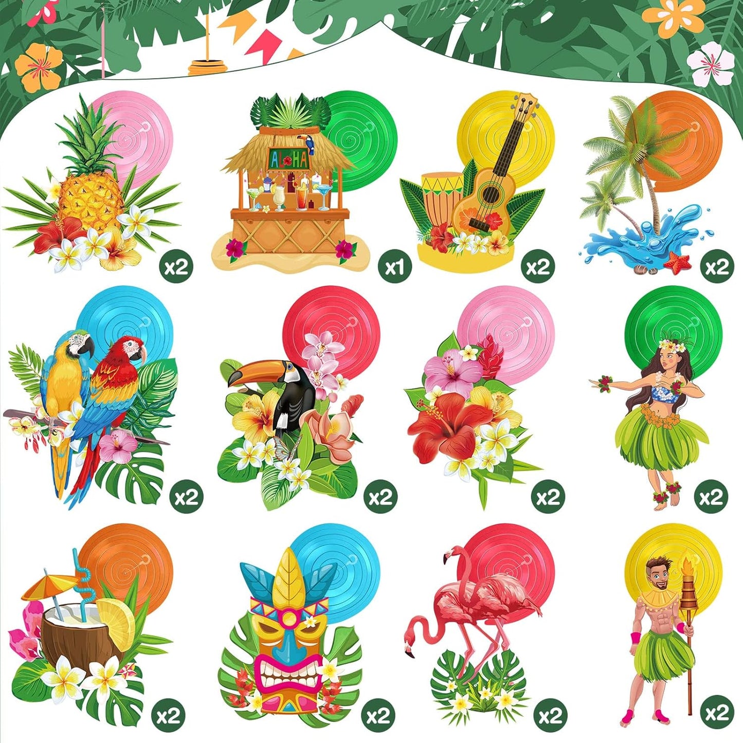 Outus 30 Pieces Hawaiian Luau Birthday Party Hanging Swirl Decorations, Flower Tropical Palm Flamingo Sign Foil Ceiling Decor for Floral Tropical Party Summer Beach Pool Tiki Supplies(Summer)