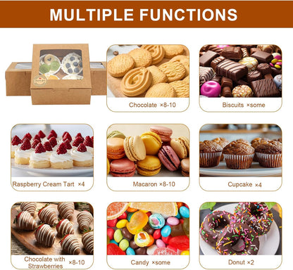 OAMCEG 50 PCS Cupcake Boxes with Window, 6x6x3 Inch Cookie Boxes, Bakery Treat Boxes for Pastry, Dessert, Chocolate Strawberries, Cupcake Containers, Gift Giving with Stickers & Twine （Brown）
