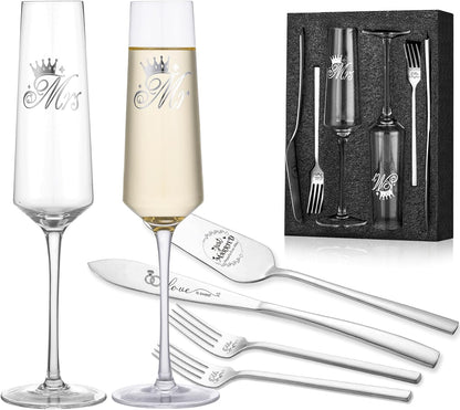 Wedding Cake Knife and Server Set, Bride Groom Mr and Mrs Champagne Flutes Glasses, Cake Cutting Set for Wedding with Forks, Bridal Shower Gifts Wedding Anniversary Engagement Gifts