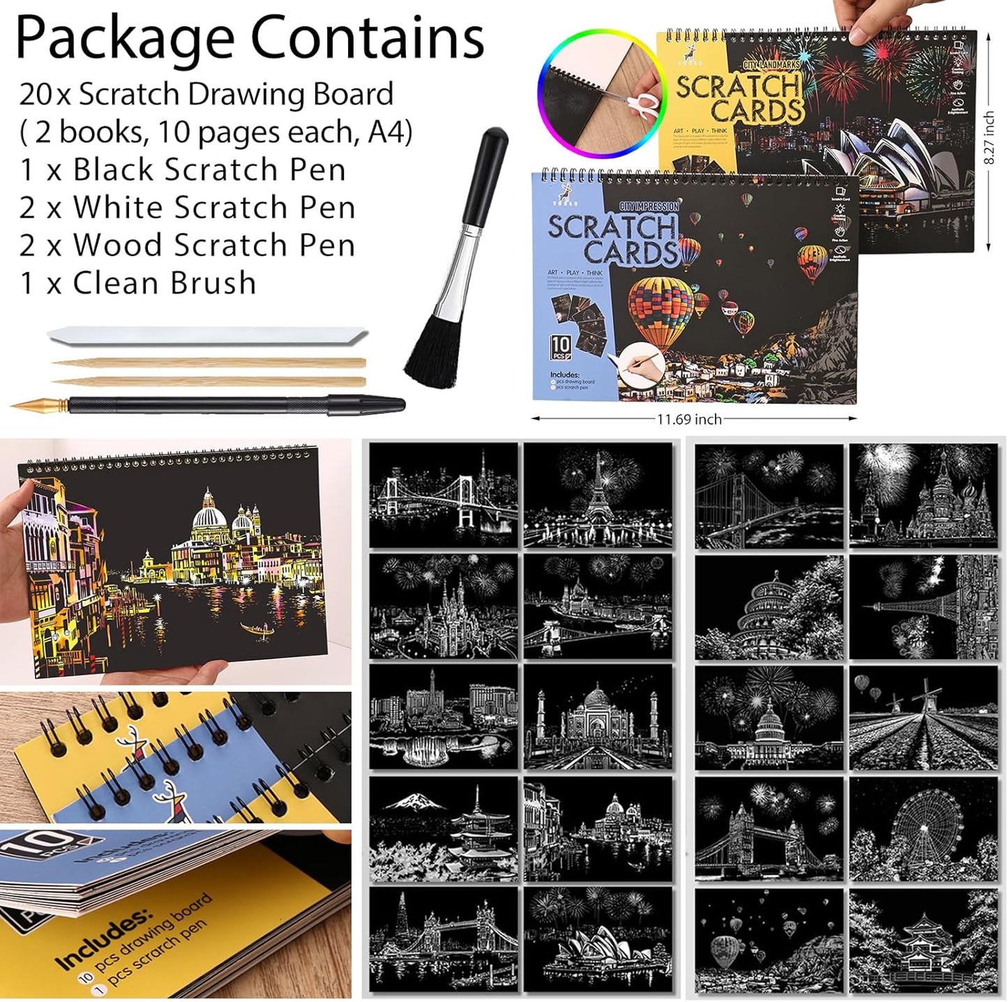 10 PCS Cityscape Scratch Art Book for Teen & Adults: DIY Colorful City Series Painting Paper | ASMR Stress-Relief Engraving Kit Scratchboard | DIY Sketch Card Creative Craft (Travel Landmarks B)