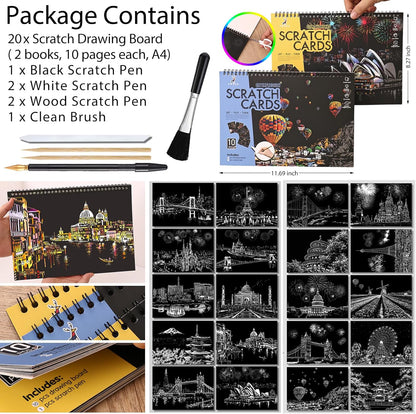10 PCS Cityscape Scratch Art Book for Teen & Adults: DIY Colorful City Series Painting Paper | ASMR Stress-Relief Engraving Kit Scratchboard | DIY Sketch Card Creative Craft (Travel Landmarks B)