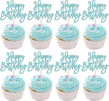 24 PCS Happy Birthday Cupcake Toppers Glitter Picks for Celebrating Anniversary Theme Party Cake Decorations Supplies Gold