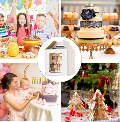 3 Pack 12in Tall Cake Boxes for Tier Cakes, 12x12x14 Inch Tiered Cake Box,Tall Cake Carrier with Window, 10in 12in Large Tierd Bakery Take Out Transport Containers with Handle
