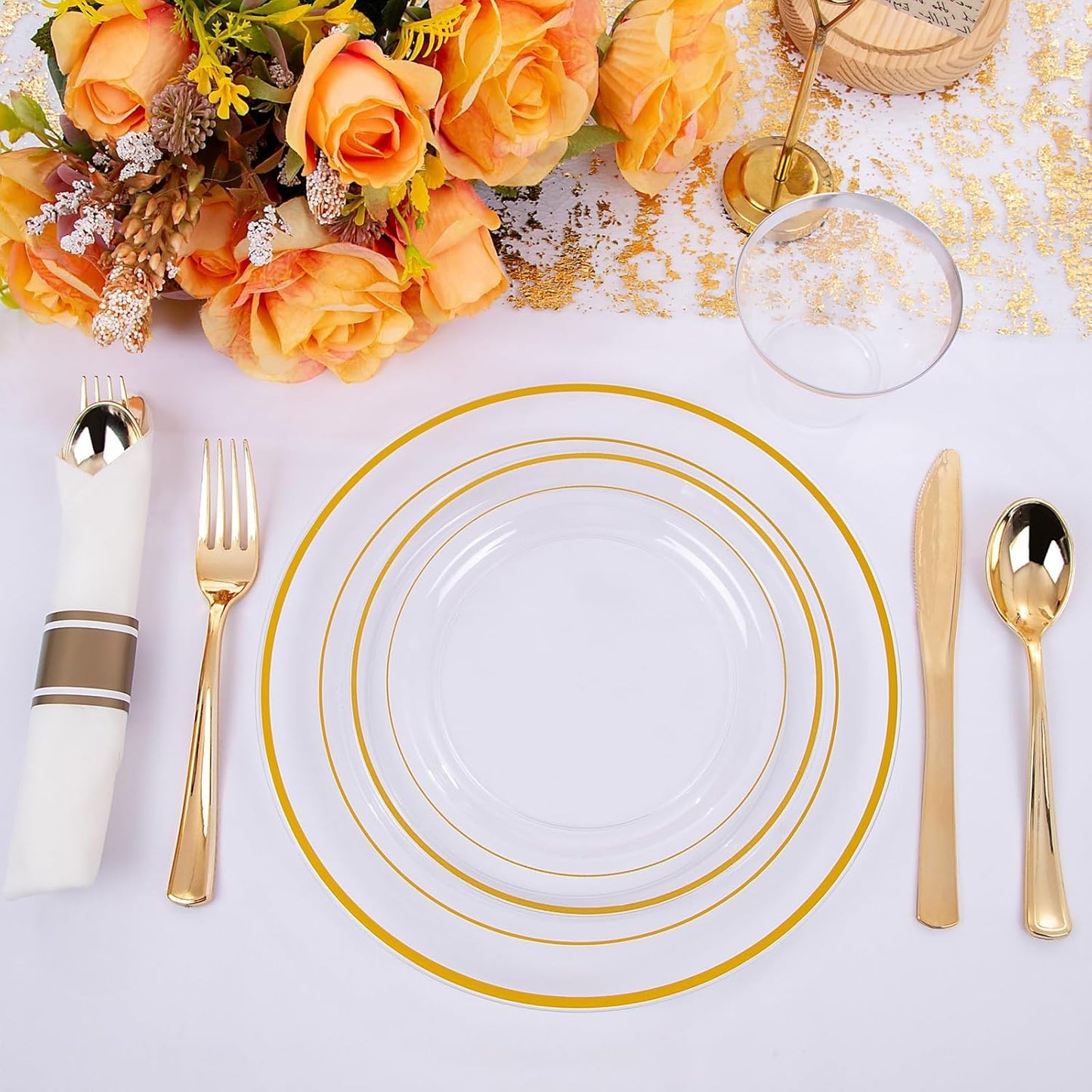WELLIFE 350-Piece Gold Disposable Plates and Cutlery Set - Premium 10.25" Dinner Plates, 7.5" Dessert Plates, 9oz Cups & Cutlery for Weddings, Catering Events - 50 Guest Service - Elegant & Sturdy