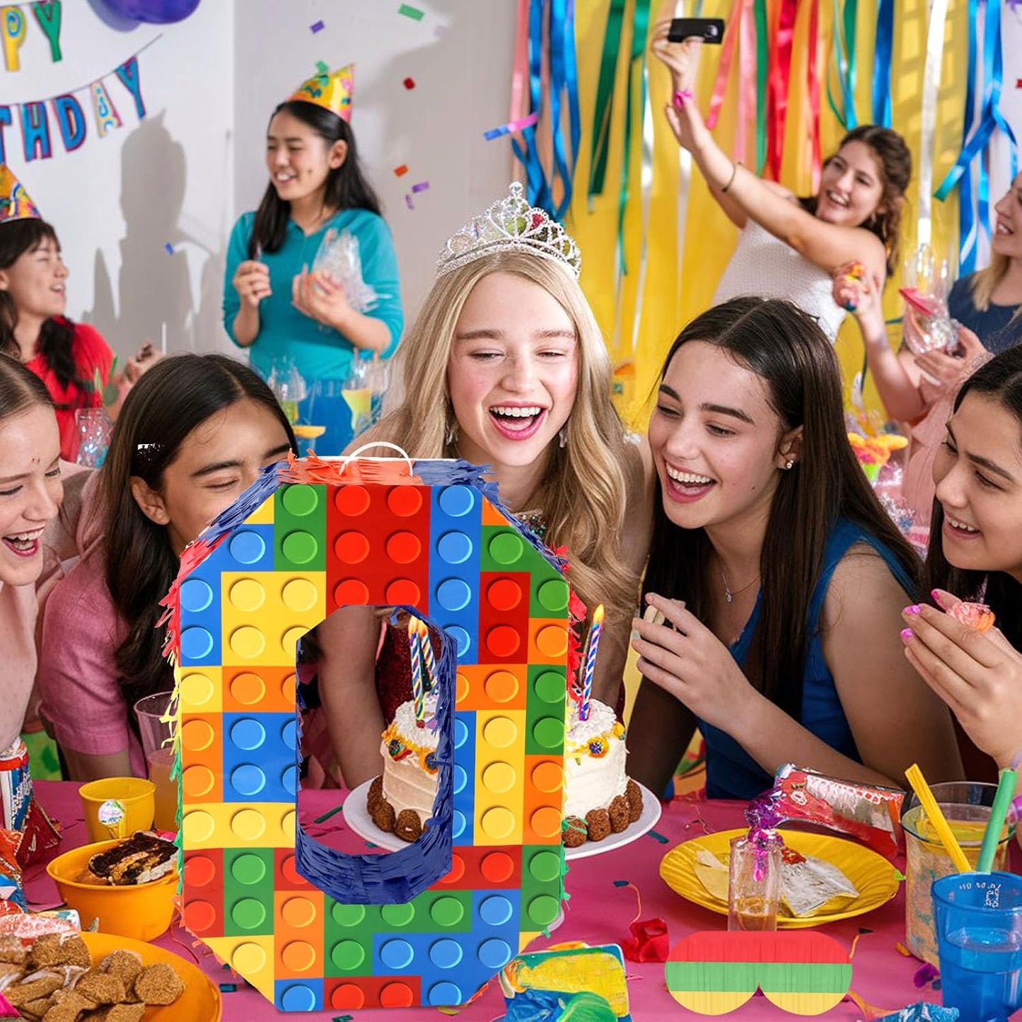 Number 7 Pinata Building Blocks with Pinata Stick Blindfold 7th Birthday Party Decorations Happy Birthday Building Block Theme Anniversary Party Supplies for Kids (Small, 16 x 10.6 x 3 in)