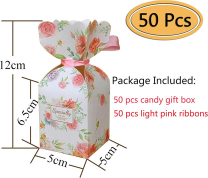 Lontenrea 50 Pcs Floral Pattern Candy Boxes Wedding Birthday Party Favor Gift Box with 50pcs Light Pink Ribbon