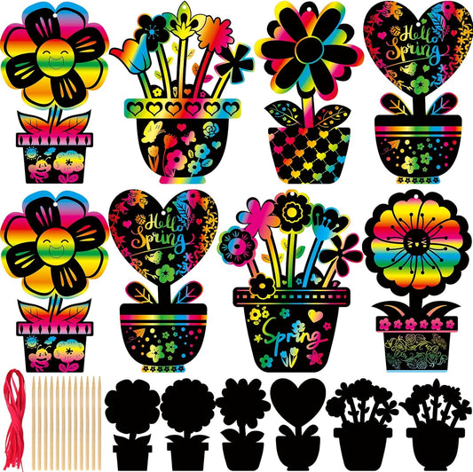 Treasure Cove Flower Scratch Cards Spring Scratch Paper DIY Flower Pot Magic Color Art Crafts Summer Craft for Kids Home Classroom School Fun Activities 24Pcs