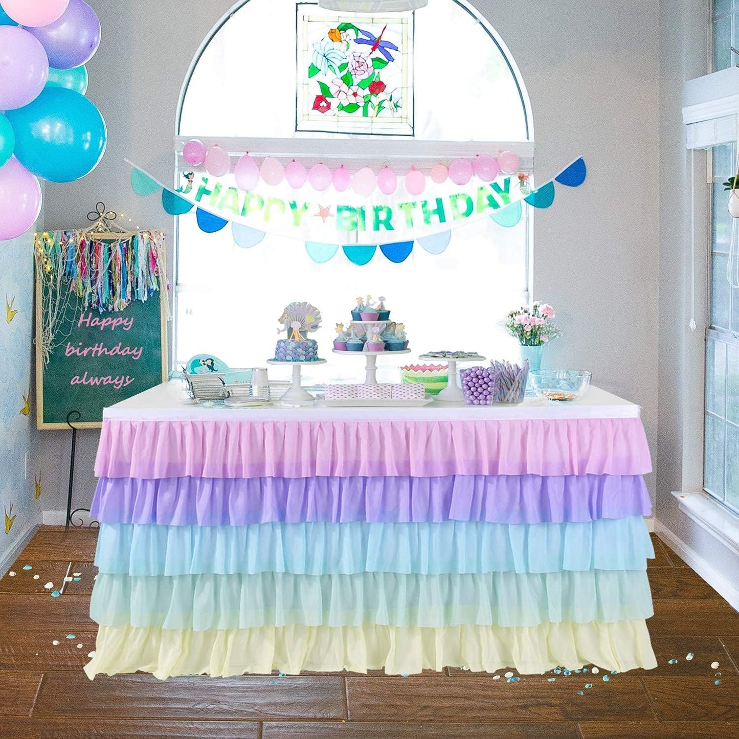 Pastel Rainbow Table Skirt Ruffle Party Tablecloth for Rectangle Table 6ft Birthday Party Baby Shower