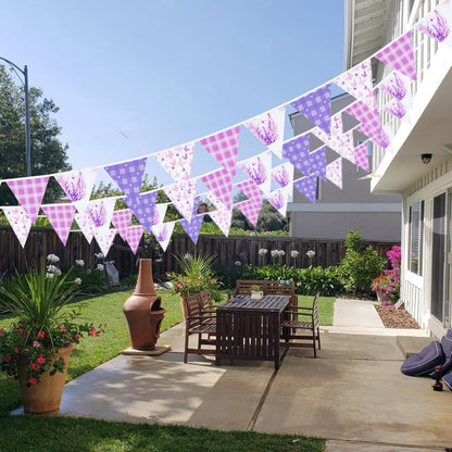 G2PLUS 39Ft Triangle Bunting Banner, 42Pcs Pink Floral Garland Pennant Banner, Reusable Cotton Triangle Flags Party Decoration for Birthday, Wedding, Garden Tea Party, Baby Shower, Room Decor
