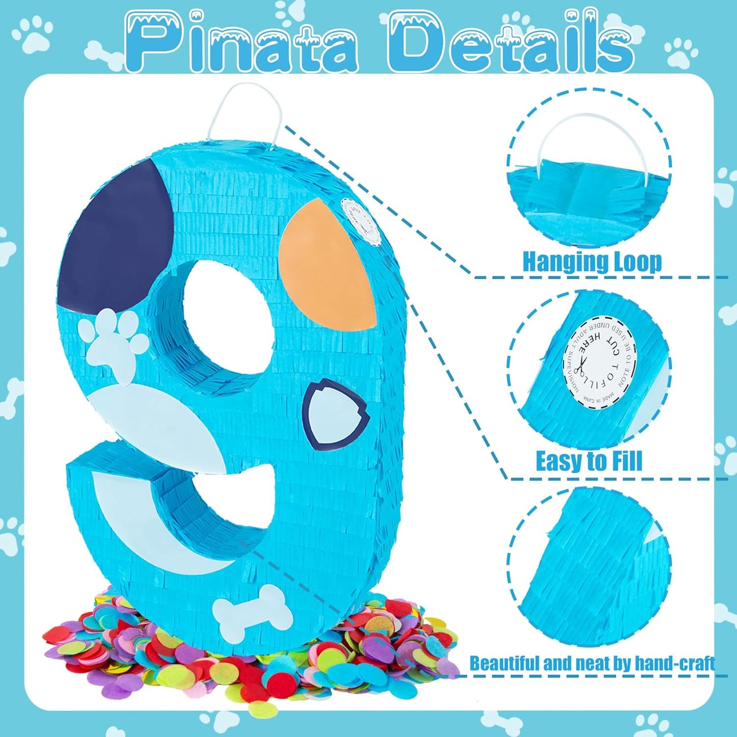 PCFING 20 Inch Dog Paw Number 1 Piñata with 30 Inch Piñata Stick Blindfold Confetti for Boy Girl Adults Birthday Party Decorations, Anniversary Celebration, Fiesta