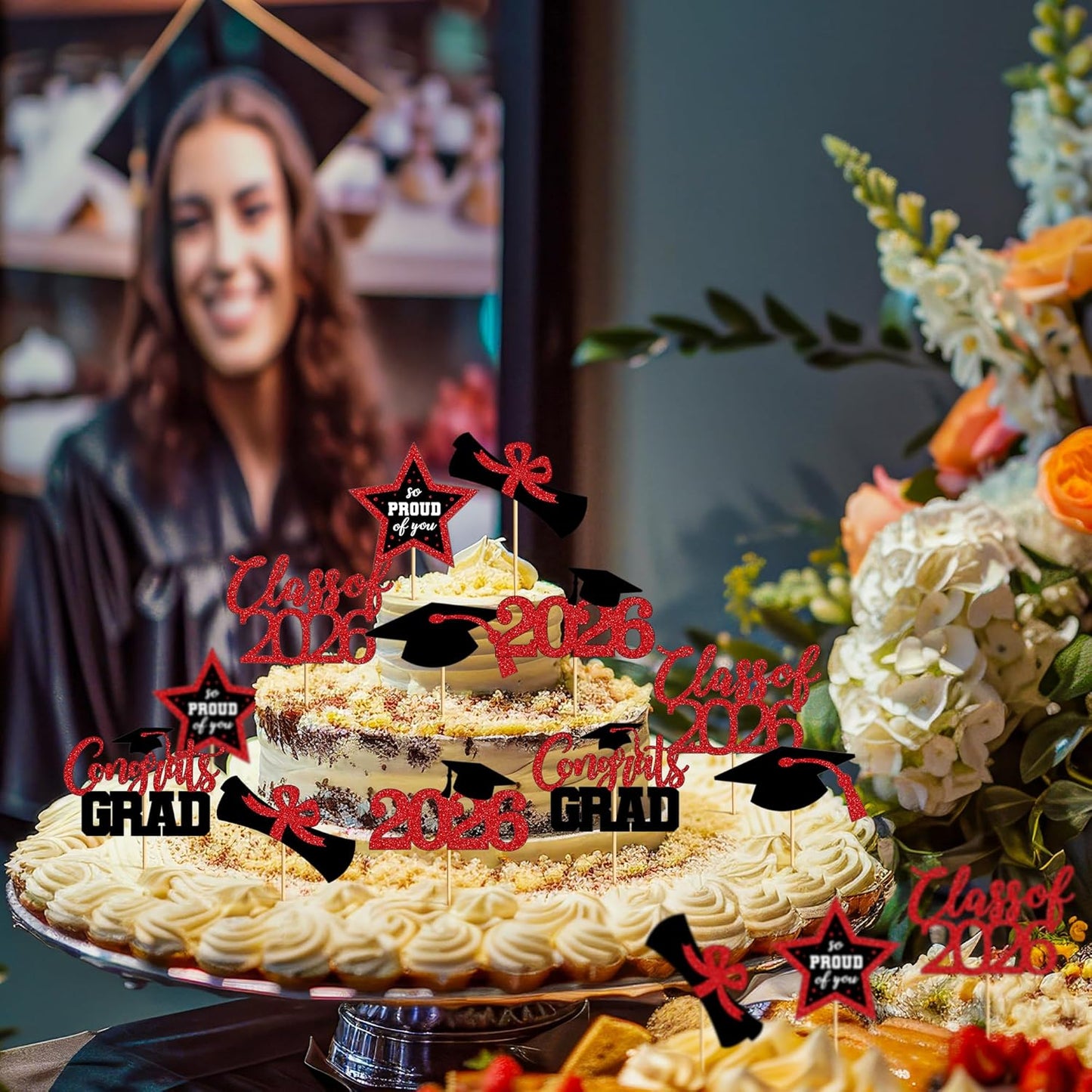 48 PCS Graduation Cupcake Toppers, Glittery 6 Styles Congrats Grad Cake Topper, Black and Red Graduation Decorations 2026, Cap and Diploma Cake Picks for Grad Party Supplies