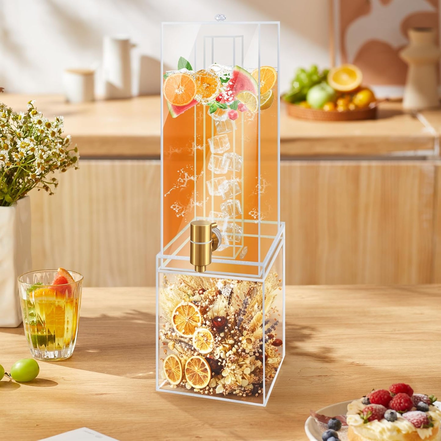 2 Gallon Large Drink Dispenser, Drink Dispenser with Wood Stand, Drink Dispensers for Parties with Ice Core, Beverage Dispenser with Airtight Valve for Water, Punch, Juice