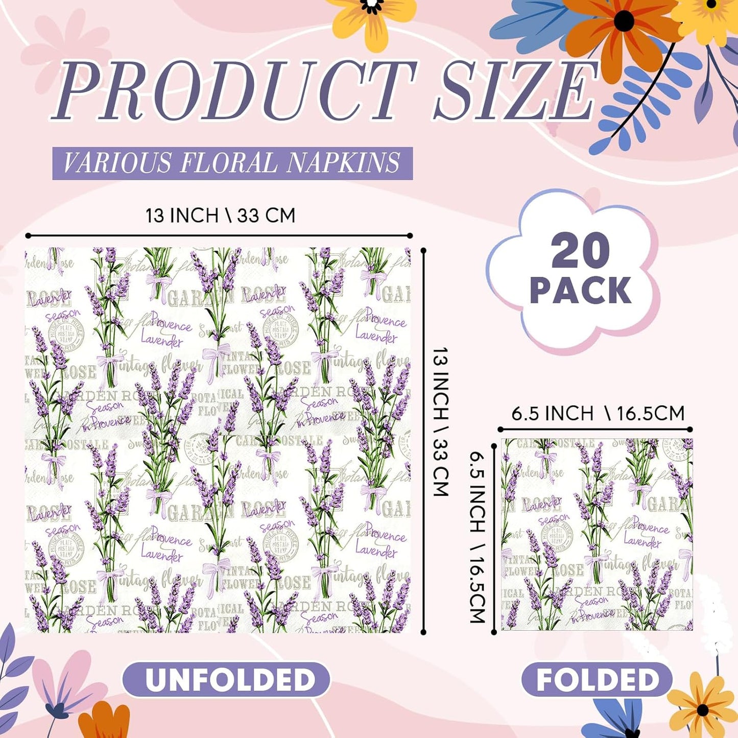 Crtiin 20 Pack Decoupage Napkins Floral Napkins Flower Cocktail Paper Decorative Toilet for Valentine's Day Birthday Party Beautiful Gorgeous, 20 Styles Each 6.5 Inches(Style 1)