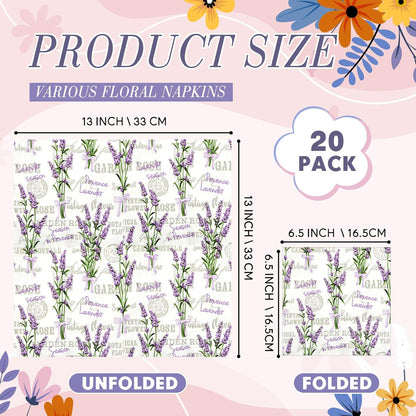 Crtiin 20 Pack Decoupage Napkins Floral Napkins Flower Cocktail Paper Decorative Toilet for Valentine's Day Birthday Party Beautiful Gorgeous, 20 Styles Each 6.5 Inches(Style 1)
