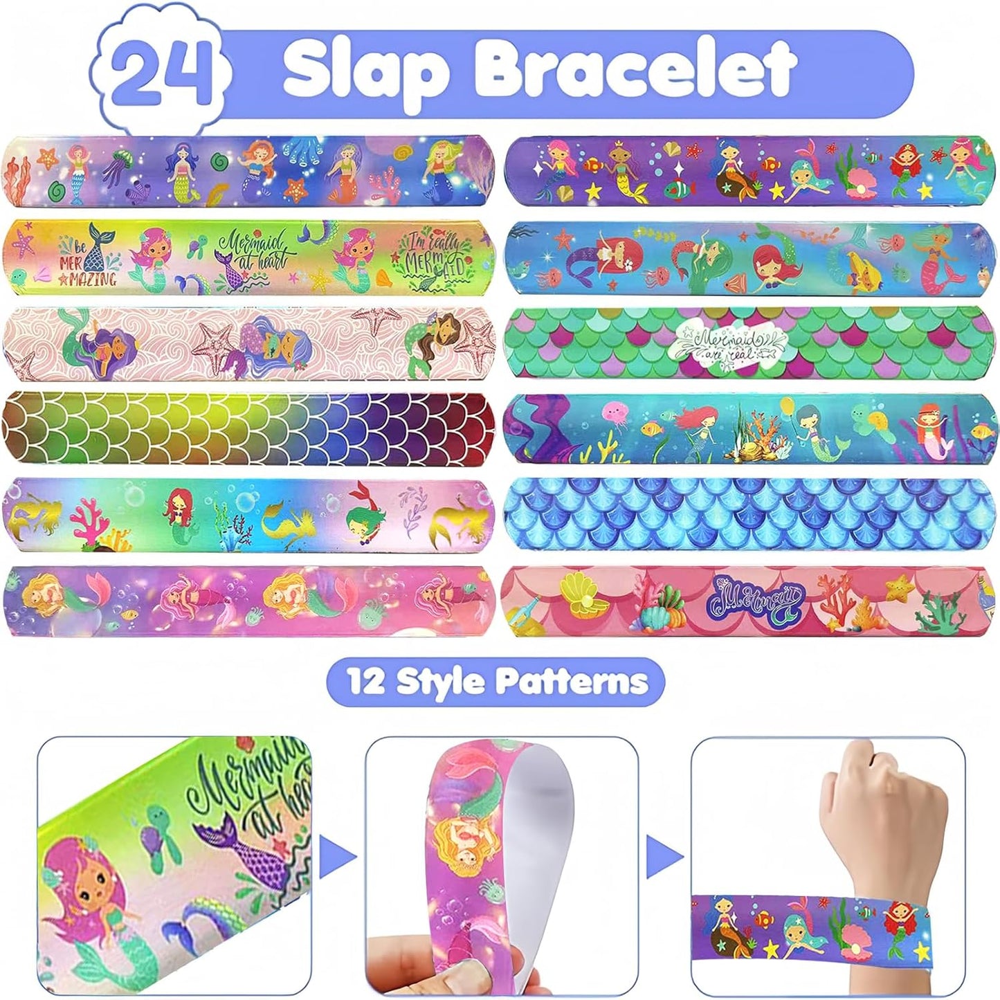 74PCS Mermaid Party Favor 50PCS Mermaid Party Stickers&24PCS Slap Bracelets Birthday Supplies Team Gift Filler