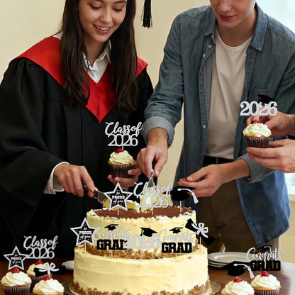 48 PCS Graduation Cupcake Toppers, Glittery 6 Styles Congrats Grad Cake Topper, Black and Red Graduation Decorations 2026, Cap and Diploma Cake Picks for Grad Party Supplies