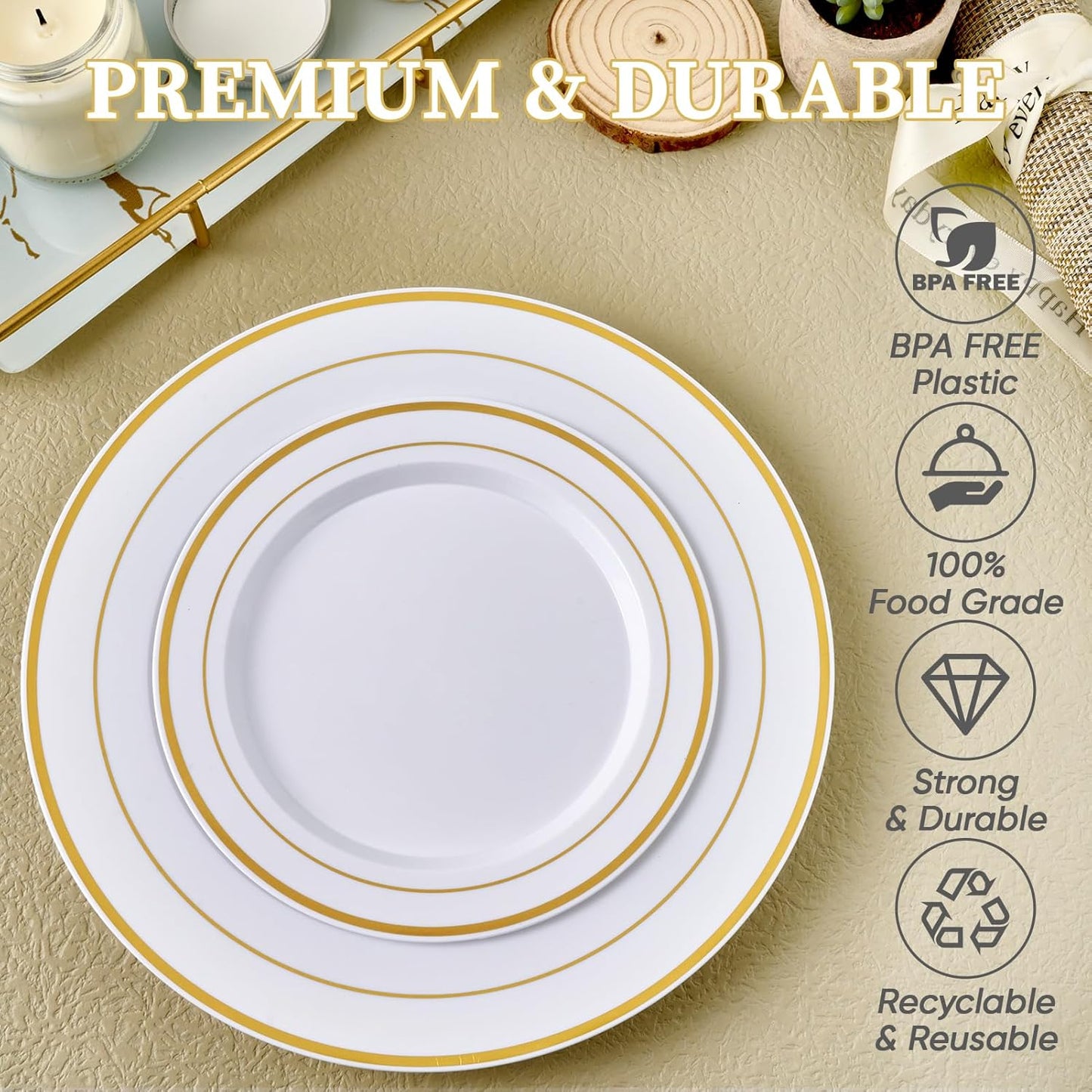 FOCUSLINE Silver Plastic Plates Set of 60, Disposable Plates with Silver Rim 30 Dinner Plates 10" and 30 Salad Dessert Appetizer Plate 7", Elegant Fancy Heavy Duty Wedding Party Plates