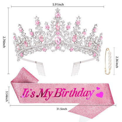 CURASA Birthday Tiara and Sash - Silver Birthday Crown for Women, Perfect for Parties and Celebrations