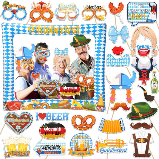 HOWAF 30pcs Oktoberfest Party Photo Booth Props with Inflatable Photo Booth Frame, German Beer Festival Photo Pops Kit for Oktoberfest Party Supplies