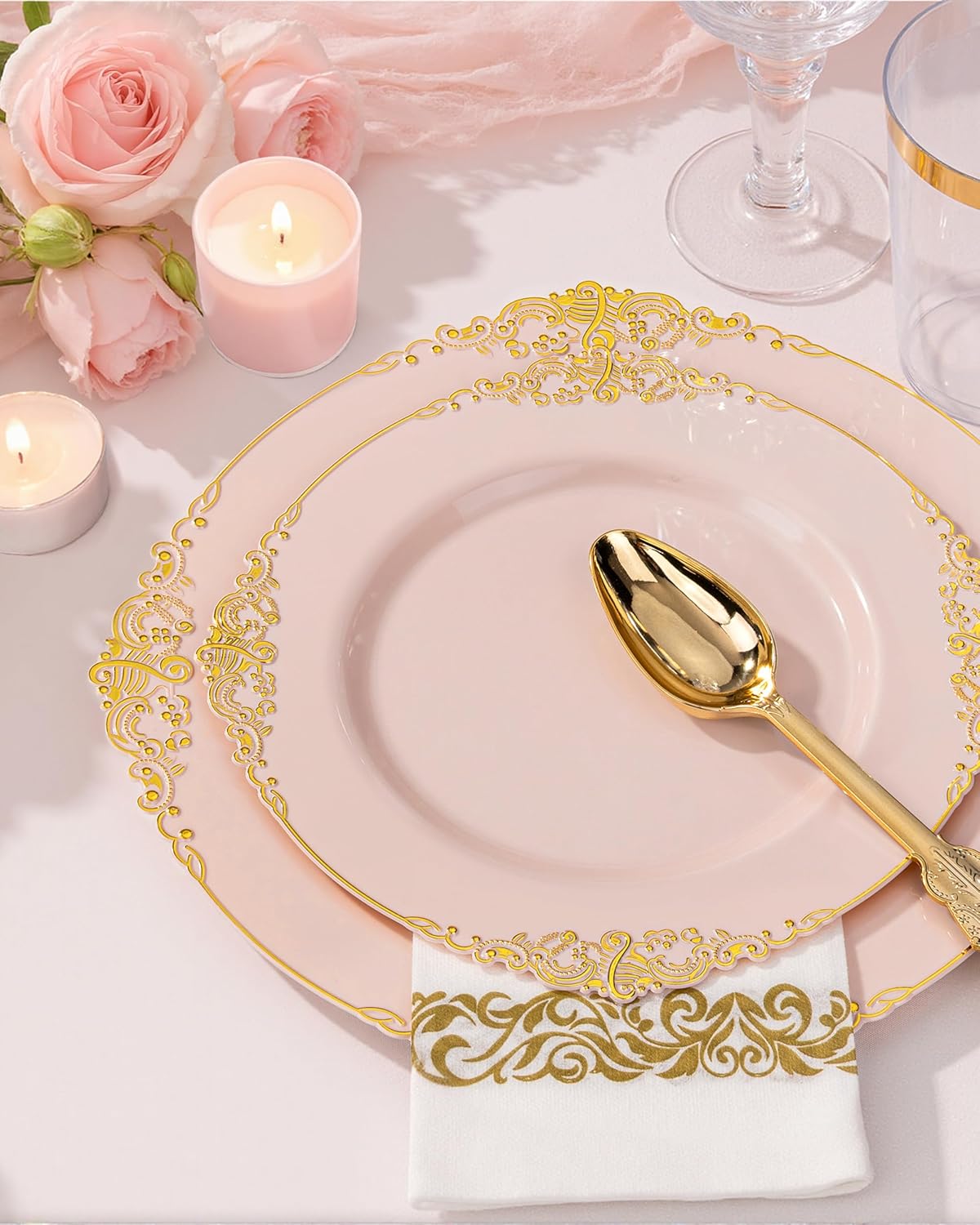 Nervure 350PCS Gold Plastic Plates - Gold Plastic Dinnerware Sets for 50 Guests - 100 Disposable Plates, 150 Silverware, 50 Cups, 50 Napkins for Wedding & Party & Mothers Day