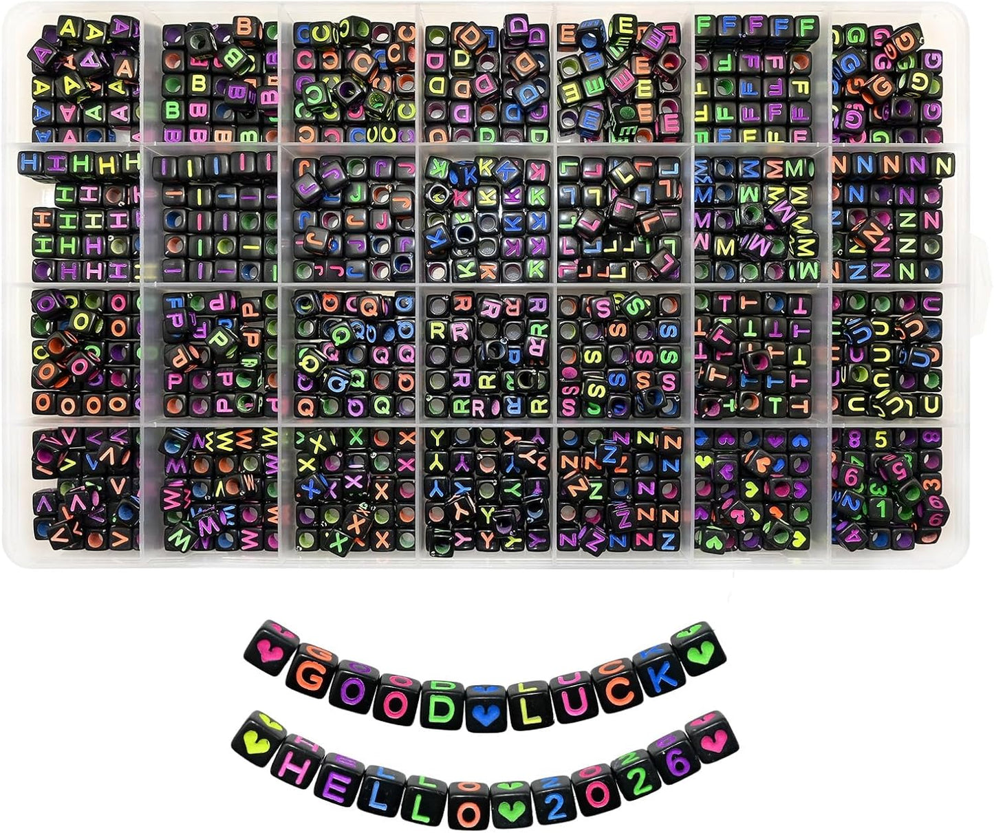 Amaney 1400pcs Glow Letter Beads, Heart Beads Whit Elastic Beading Cord,4x7mm Round Acrylic Alphabet Beads for Friend Bracelet Jewelry Making