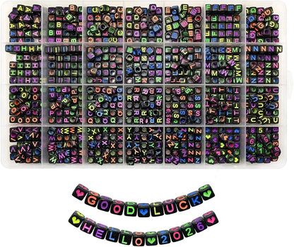 Amaney 1400pcs Glow Letter Beads, Heart Beads Whit Elastic Beading Cord,4x7mm Round Acrylic Alphabet Beads for Friend Bracelet Jewelry Making