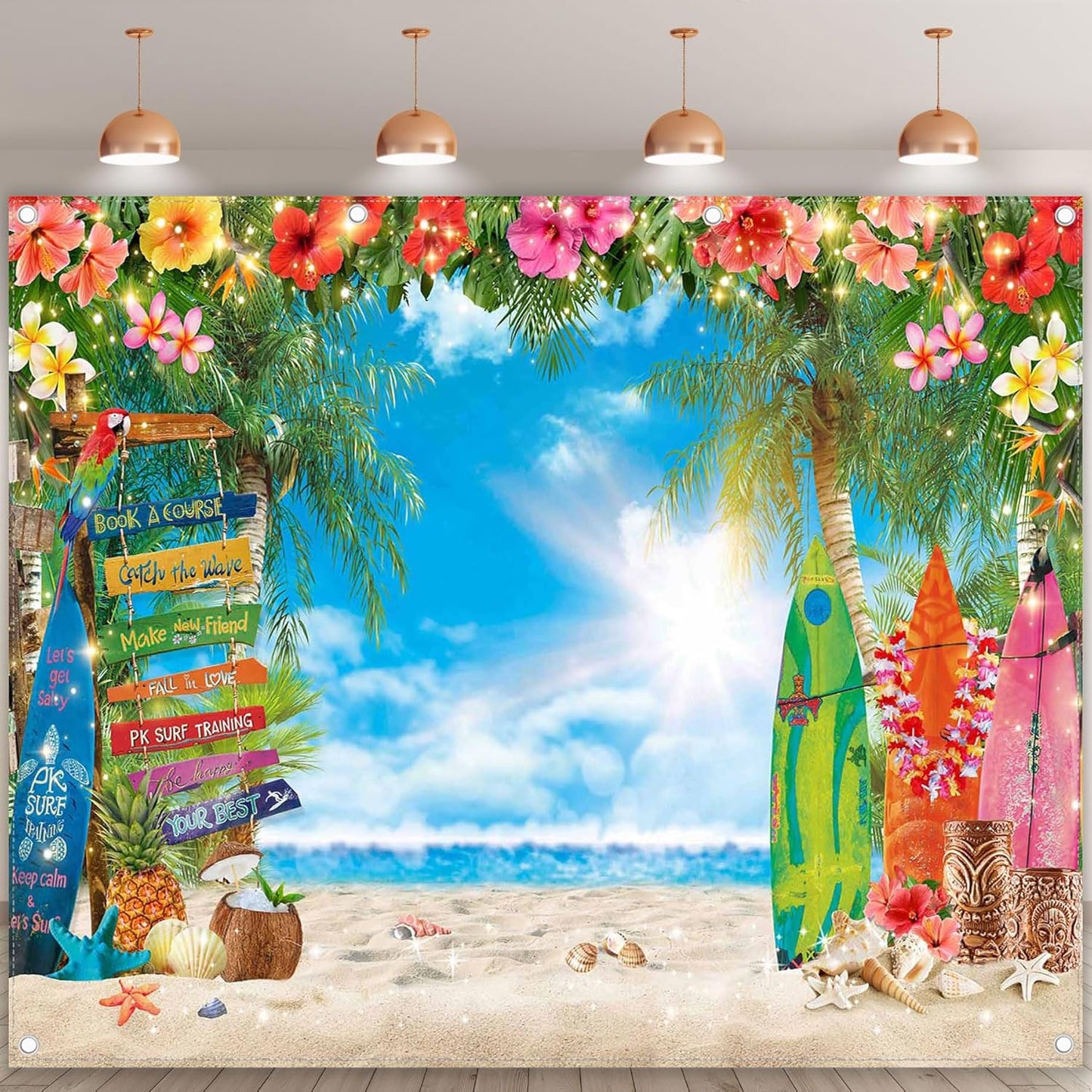 7x5ft Summer Hawaiian Beach Photography Backdrop Tropical Flower Palm Leaves Surfboard Background for Luau Aloha Party Decoration Banner Photo Booth