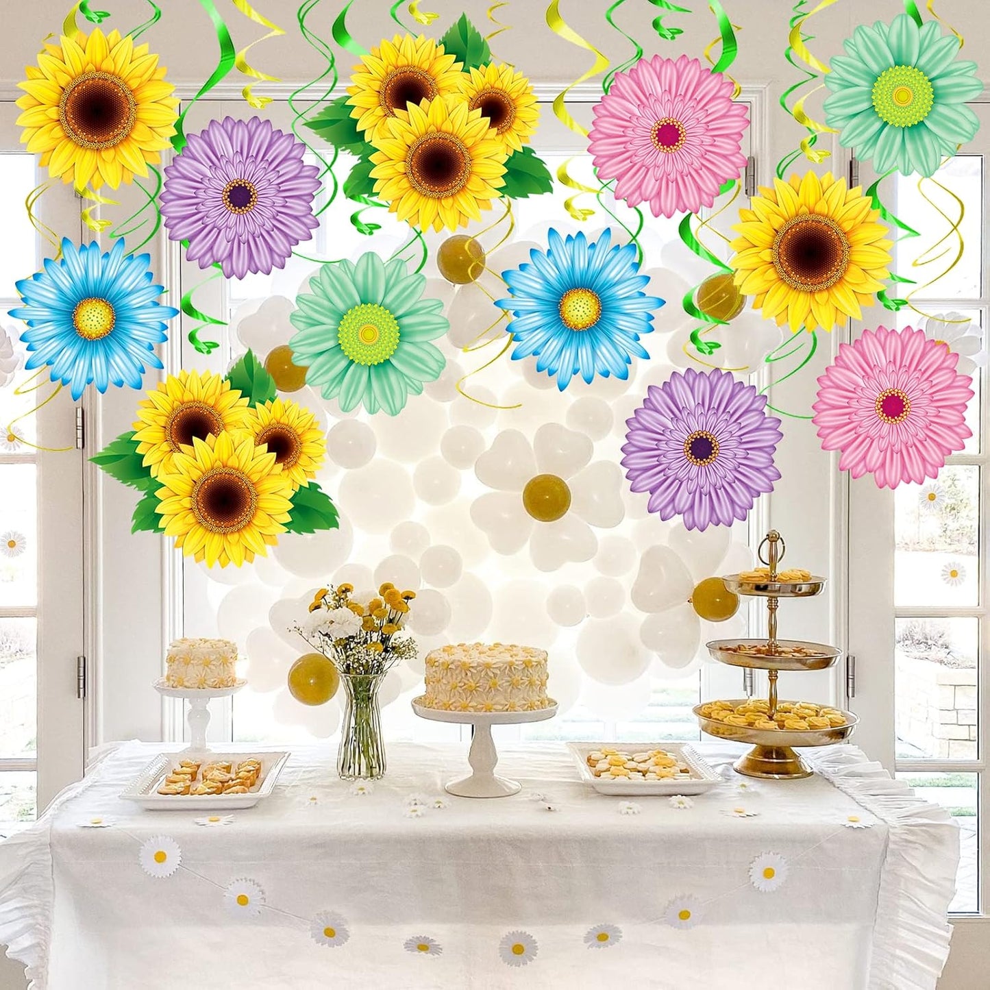 KALEFO 30PCS Spring Summer Hanging Decorations Set Sun Flowers Autumn Daisy Fairy Birthday Party Decor Mothers Day Easter Daisies Ceiling Home Decor Swirls Classroom Baby Shower