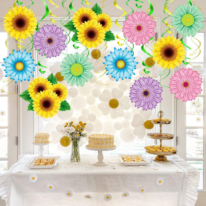 KALEFO 30PCS Spring Summer Hanging Decorations Set Sun Flowers Autumn Daisy Fairy Birthday Party Decor Mothers Day Easter Daisies Ceiling Home Decor Swirls Classroom Baby Shower