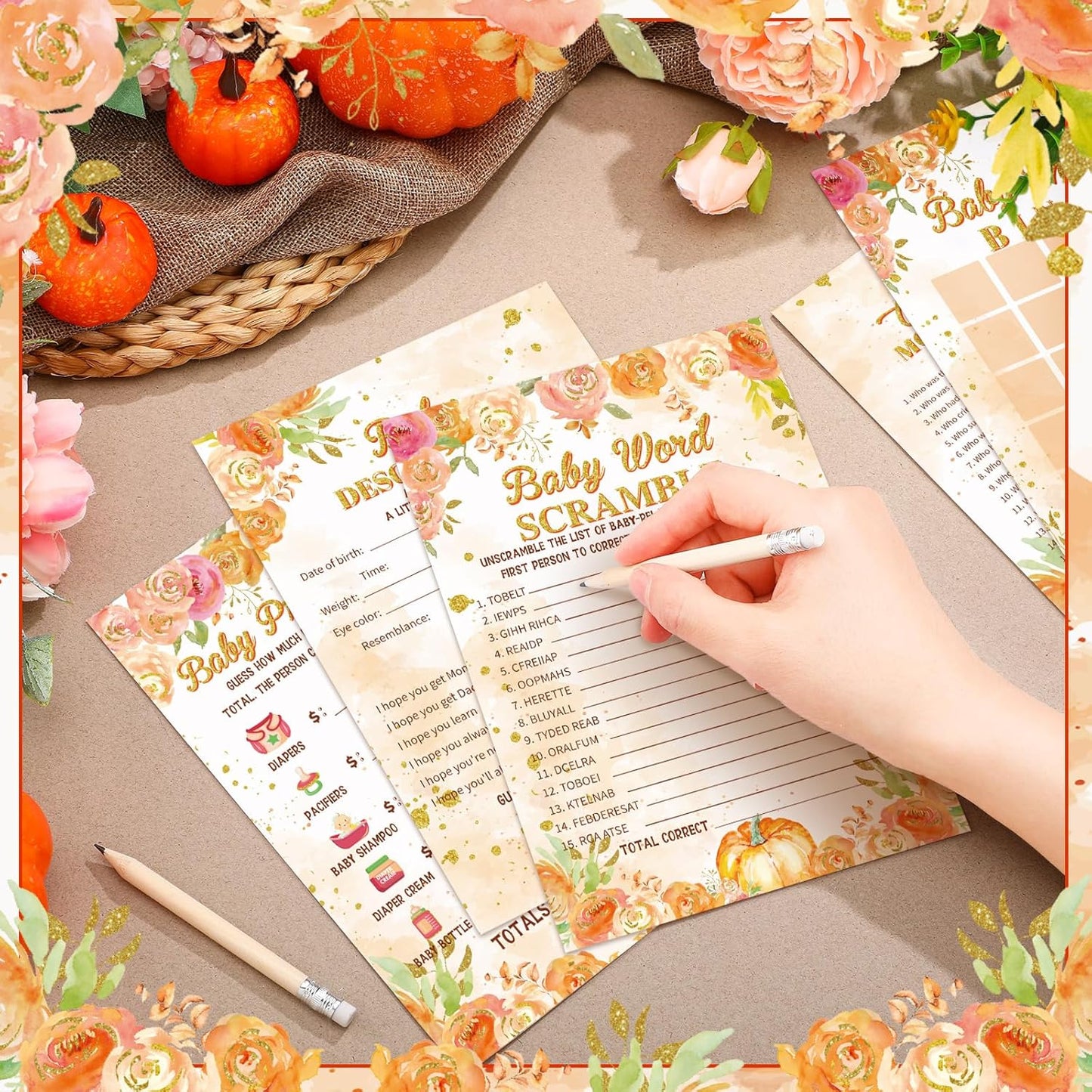 Yinder 145 Pcs Baby Shower Games Activities Cards with 20 Pencils Includes Baby Bingo Description and Wishes Guess Who Price is Right Word Scramble Game(Here Comes the Son)