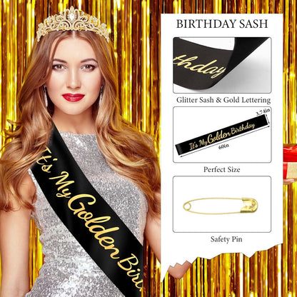 It's My Golden Birthday Sash and Crown Set for Women Girls Birthday Party Decorations Decor Party Favors Gifts
