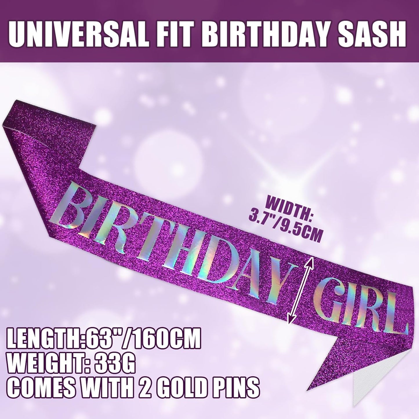 RUDONG M Birthday Girl Sash Glitter - Silver Birthday Sash for Women & Girls | Sweet 16/18th/21st/30th/40th/50th/60th/70th, All-Age Celebration Party Decor