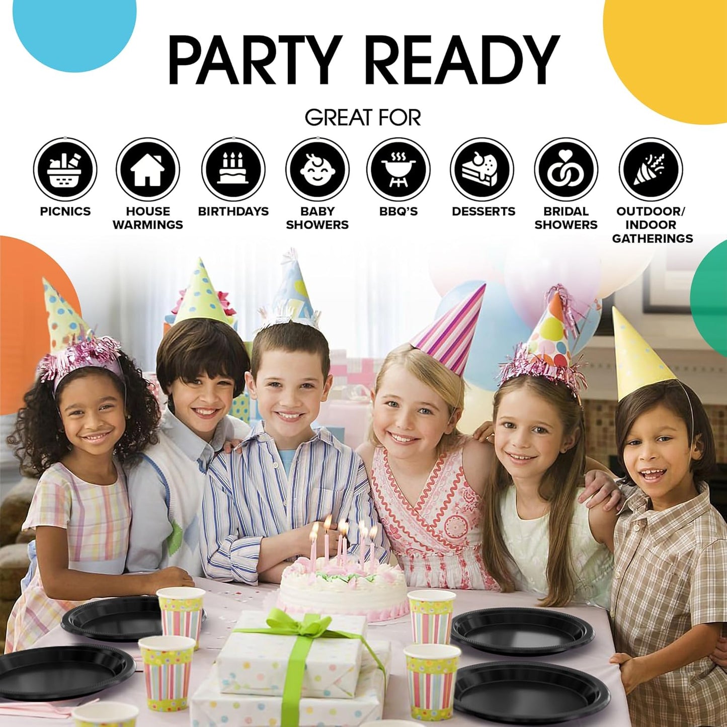 Party Solids Black Plastic Plates For Party 10" Black Disposable Plates For Party Supplies 100 Pcs Plastic Dinnerware Sets Heavy Duty 350 GSM Disposable Dinnerware Set