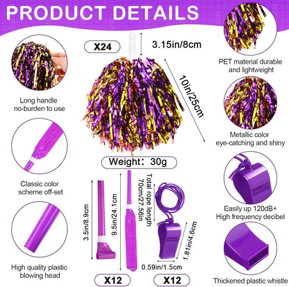 Yunsailing 96 Pcs Homecoming Noisemakers Team Spirit Accessories for Game Day Include Hand Clappers Cheerleading Pom Pom Thunder Stick Cheer Party Blower Plastic Whistle for Sport Fans(Gold)