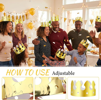 100 Pcs Paper Crowns, Birthday Gold Crown Foldable & Adjustable Paper King Crown, Crowns Bulk for Adults Birthday Party Hats for Celebration Photo Props Wedding Anniversary Supplies (Classic Style)