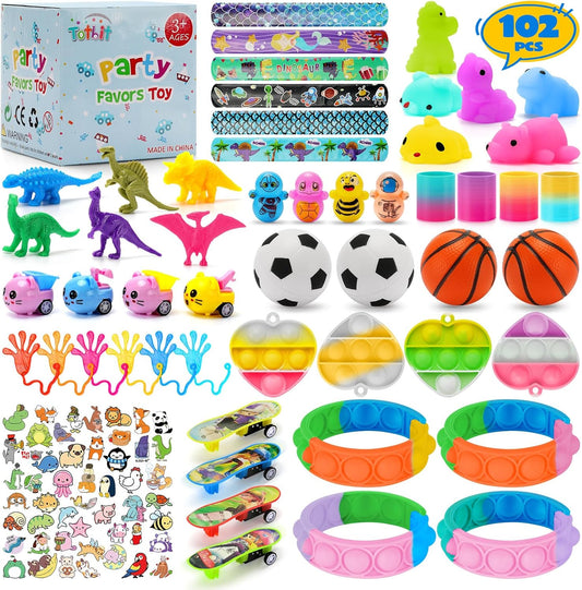 Totbit 102 Pcs Party Favors Toys for Kids 4-8 8-12 3-5, Treasure Chest Box Toys Classroom Carnival Prizes Small Bulk Pop Fidget Toys Pack Pinata Stuffers Birthday Gifts Goodie Goody Candy Bags Fillers