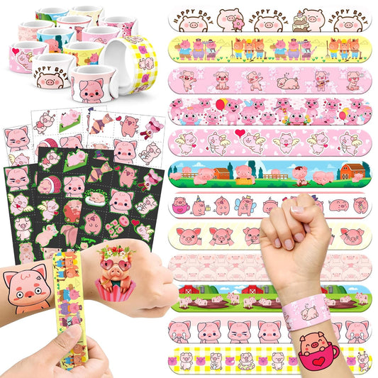 96 PCS Pig Party Favors Set – 72 Pre-Cut Temporary Tattoos & 24 Slap Bracelets for Kids, Cute Farm Birthday Decorations, Barnyard Party Supplies & Classroom Rewards