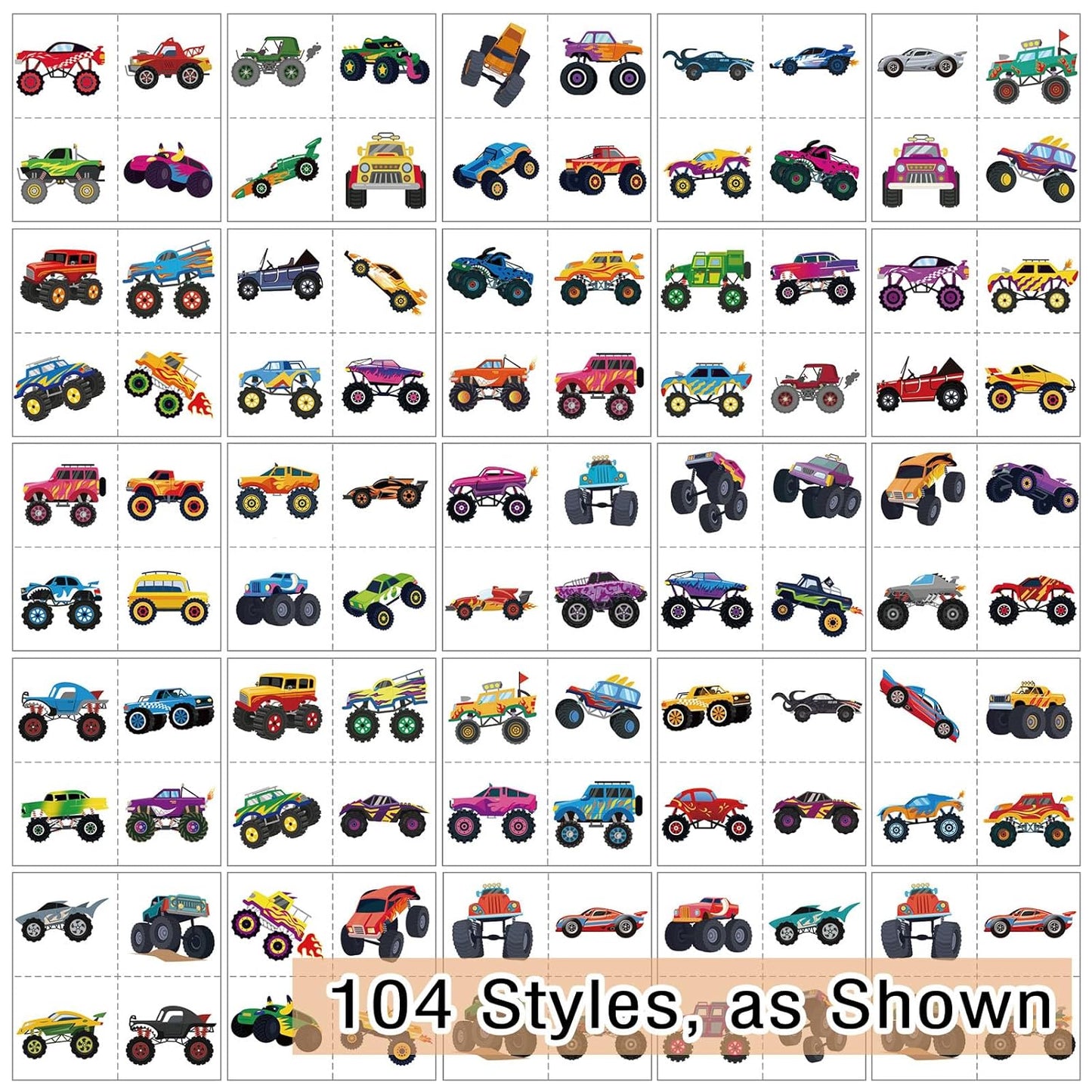 104 PCS Monster Truck Temporary Tattoos for Kids Party Supplies, Individually Wrapped Monster Truck Fake Tattoos Temp Tattoo Stickers for Boys Girls Birthday Party Favors Decorations Activities