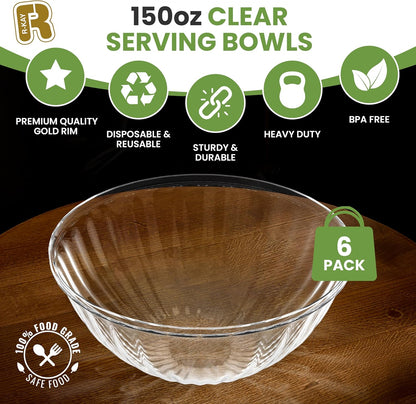 R-kay 6 Pack Extra Large Serving Bowl - 150 Ounce Plastic Serving Bowls For Entertaining - Clear Plastic Bowls For Salads And Snacks - Disposable bowls For All Occasions