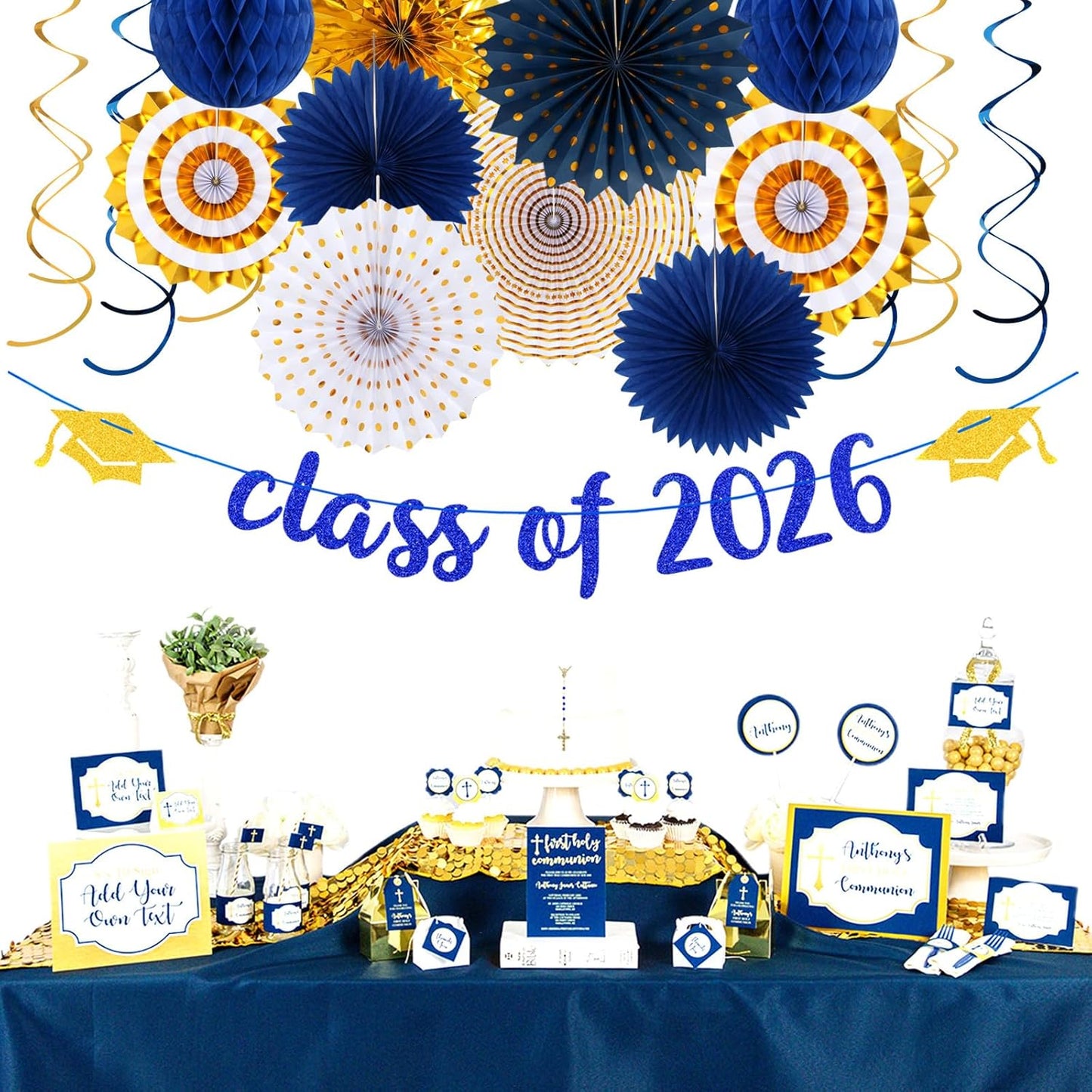 Navy-Blue White Silver Tissue Pom-Poms - 15pcs 5 Size Party Decorations Paper Flowers,Graduation Wedding Baby Bridal Shower Room Hanging Decorations Boy Birthday Party Backdrop Decor Panduola