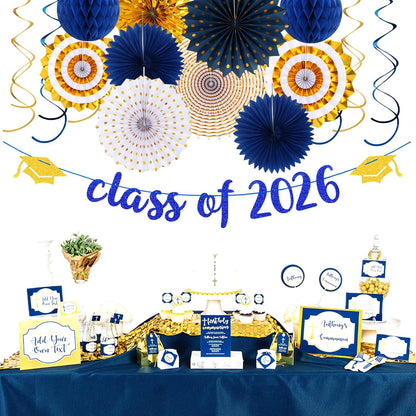 Navy-Blue White Silver Tissue Pom-Poms - 15pcs 5 Size Party Decorations Paper Flowers,Graduation Wedding Baby Bridal Shower Room Hanging Decorations Boy Birthday Party Backdrop Decor Panduola