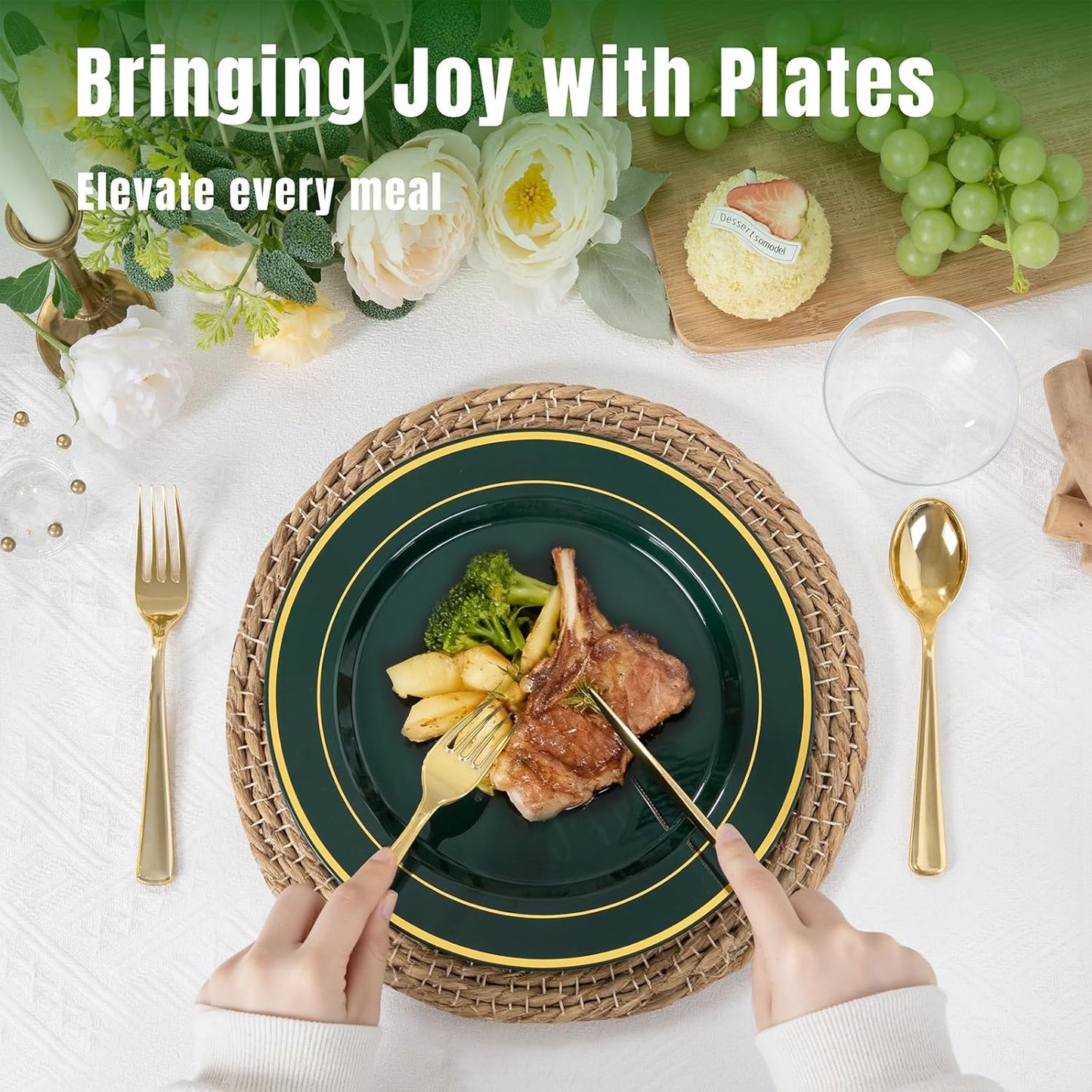 350 Pieces Black and Gold Plastic Plates with Disposable Silverware, Include 50 Dinner Plates 9”, 50 Dessert Plates 6.3”, 50 Black Cups 9 OZ, 50 Pre Rolled Napkins for Wedding Party Graduation