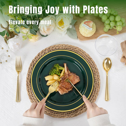350 Pieces Black and Gold Plastic Plates with Disposable Silverware, Include 50 Dinner Plates 9”, 50 Dessert Plates 6.3”, 50 Black Cups 9 OZ, 50 Pre Rolled Napkins for Wedding Party Graduation