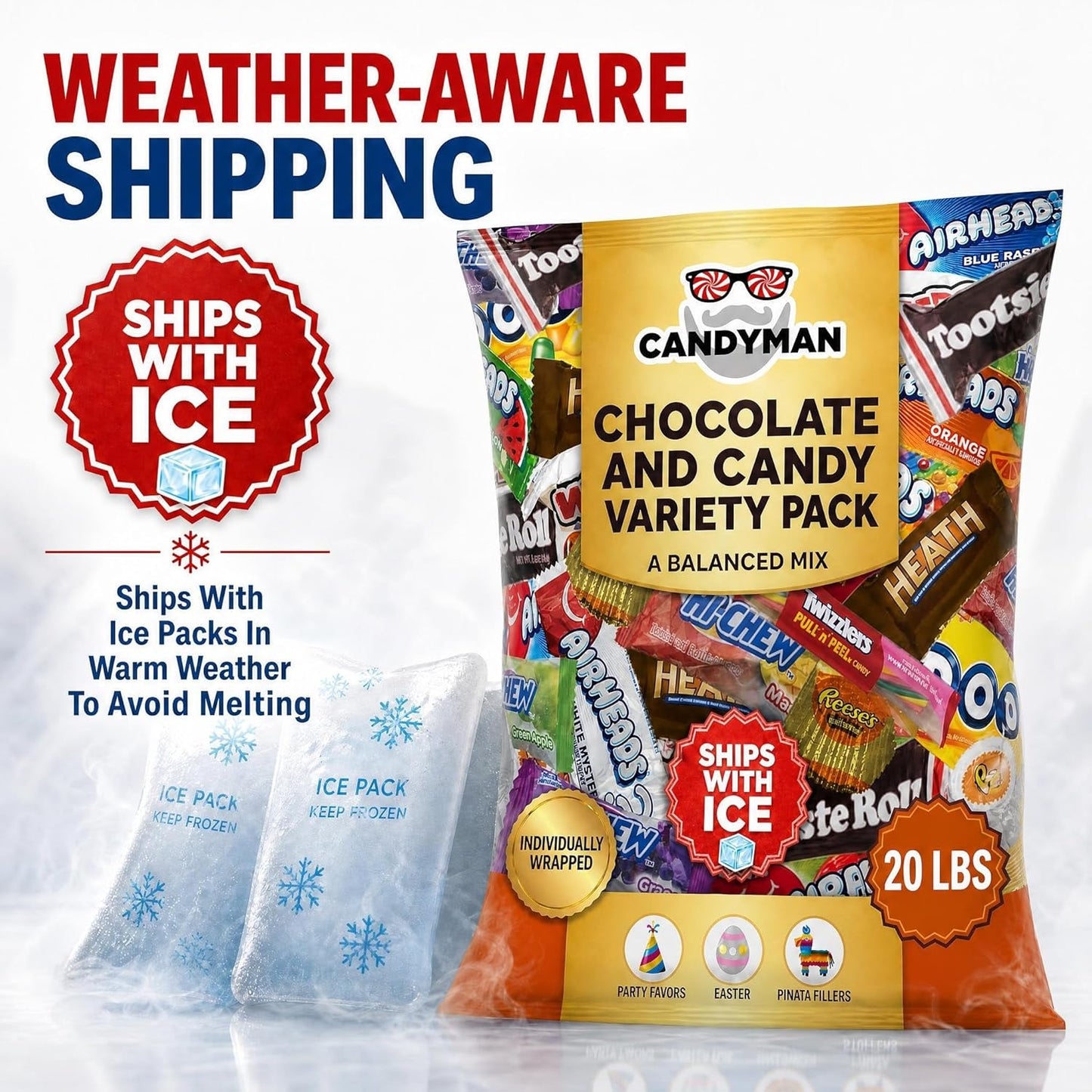CANDYMAN (5 LB) Chocolate Candy Variety Pack — Individually Wrapped Bulk Candy Mix, Fun & Mini Size Treats for, Pinata Fillers for Kids, Party Favors, Father's Day, Ship with Ice